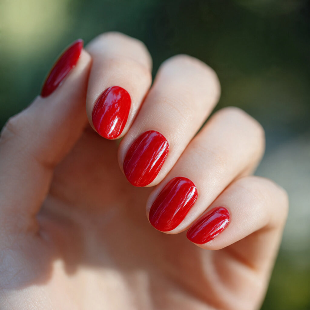 Classic Red Nails: Timeless, Elegant & Always in Style 3 close up of one hand with classic red oval nails m