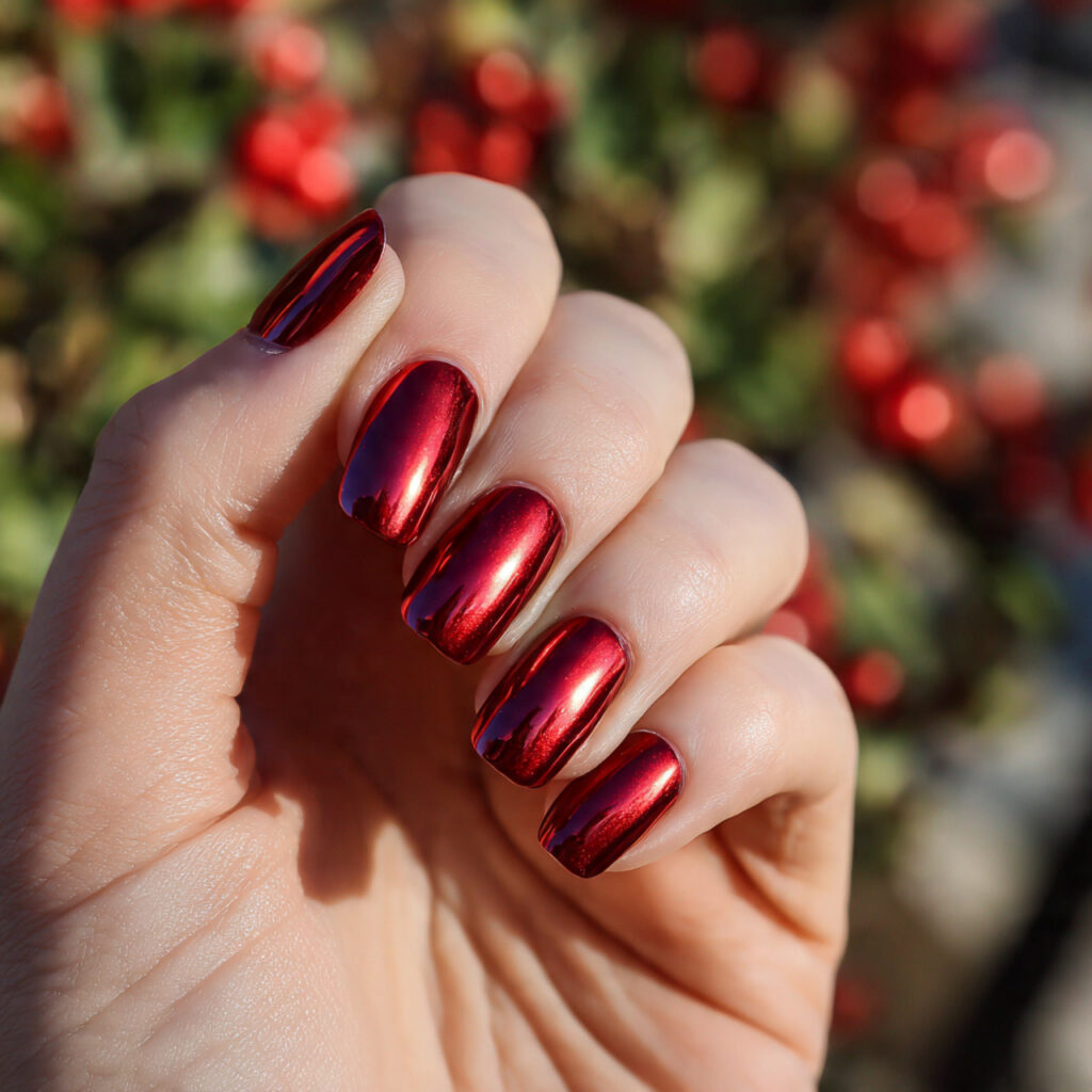 Red Nails Chrome: Glossy, Fiery & Made to Shine 1 close up of one hand with classic ruby red chrome