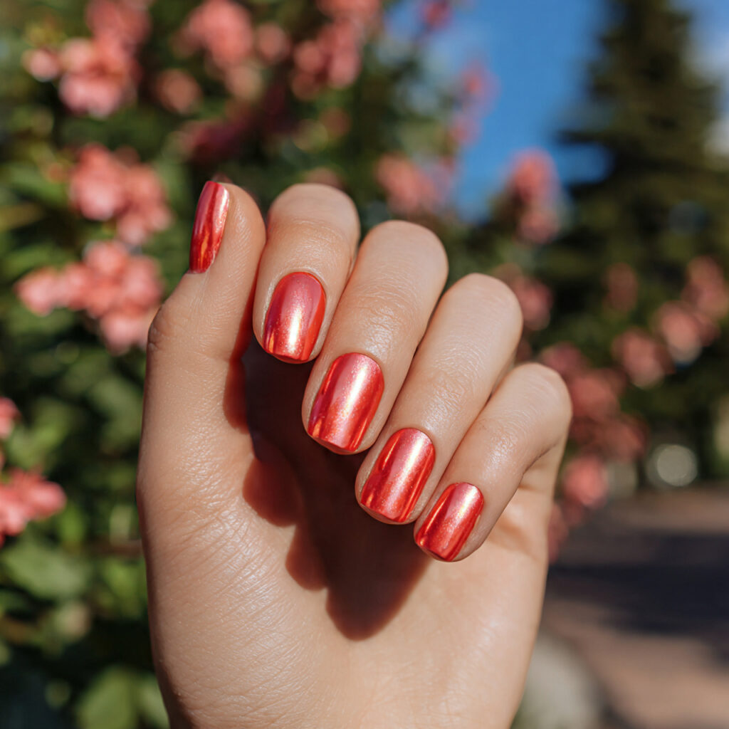 Red Nails Chrome: Glossy, Fiery & Made to Shine 12 close up of one hand with coral red chrome summer