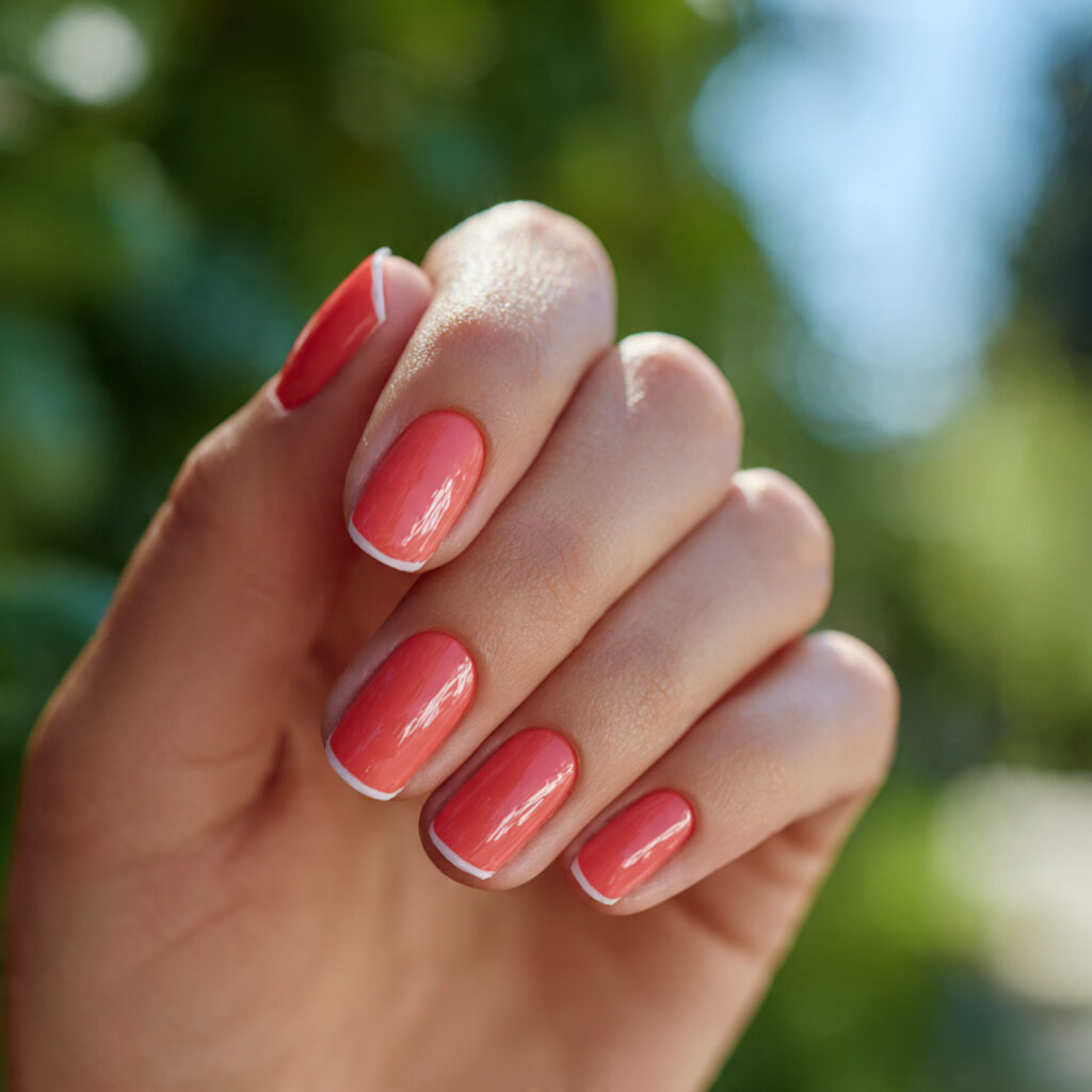 close up of one hand with coral red soft french ti