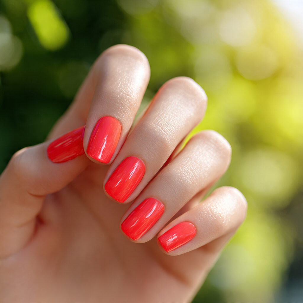 Red Nails Inspo 2026: Bold, Glossy & Totally Addictive Looks 9 close up of one hand with coral red summer nails g