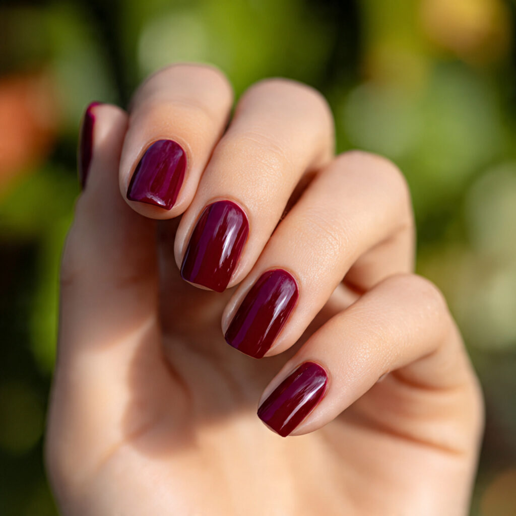 Classic Red Nails: Timeless, Elegant & Always in Style 8 close up of one hand with dark red square nails el