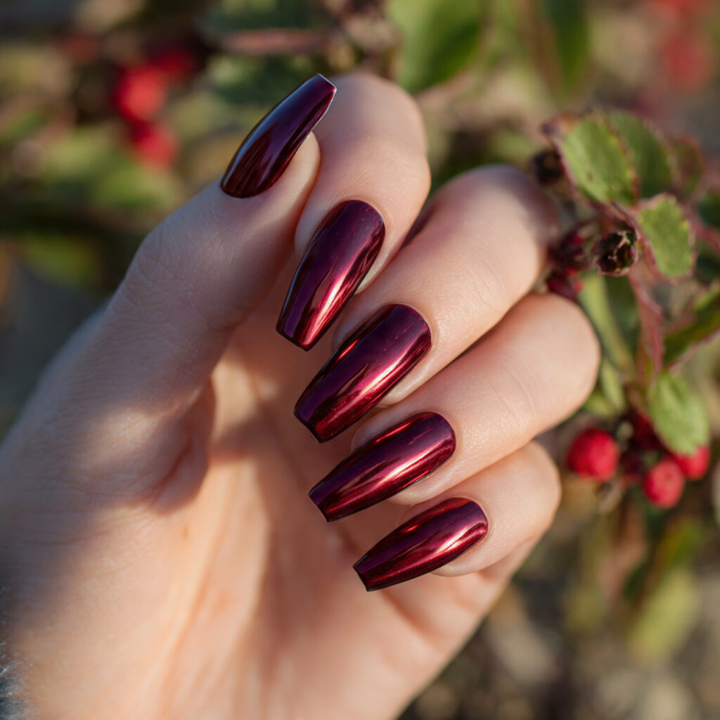 Red Nails Chrome: Glossy, Fiery & Made to Shine 3 close up of one hand with deep burgundy chrome cof