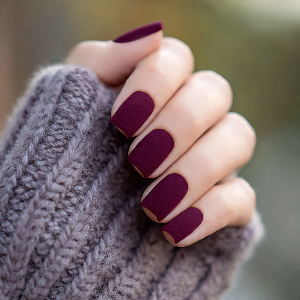 Red Quince Nails: Regal, Romantic & Made for Your Main Character Moment 2 close up of one hand with deep burgundy velvet nai