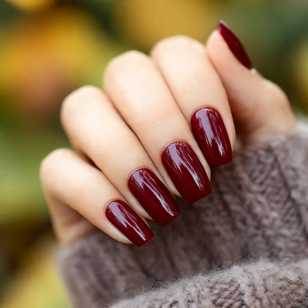 close up of one hand with deep cherry french manic
