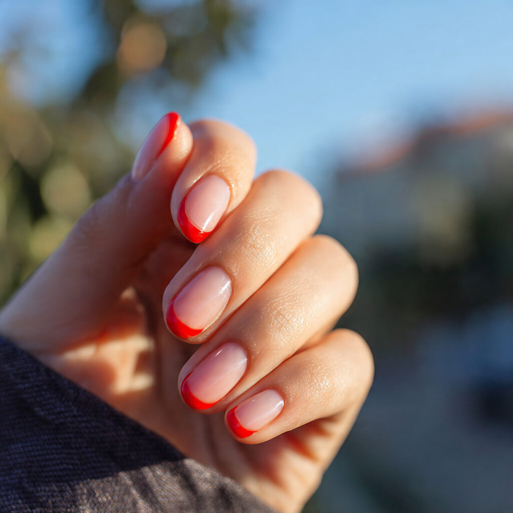 close up of one hand with flame red french tip nai