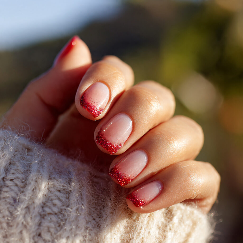 close up of one hand with glitter red french tip m