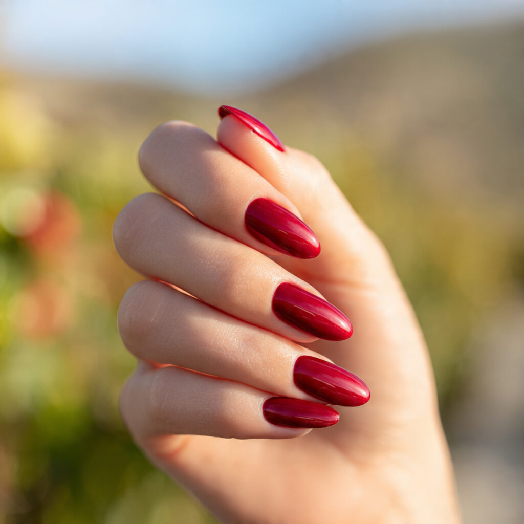 Prom Nails Red: 14 Stunning Designs for Your Perfect Night 9 close up of one hand with glossy chrome red nails