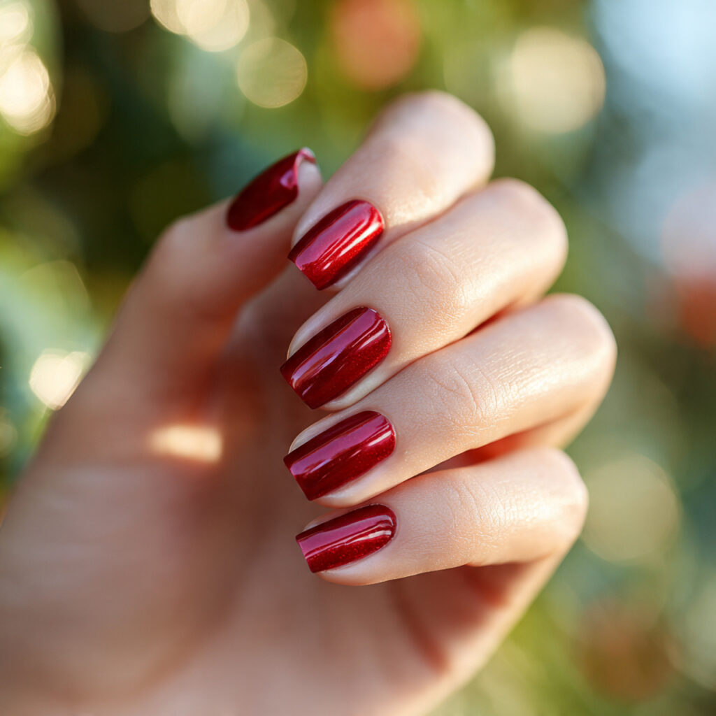 Red Nails Inspo 2026: Bold, Glossy & Totally Addictive Looks 7 close up of one hand with glossy red chrome nails