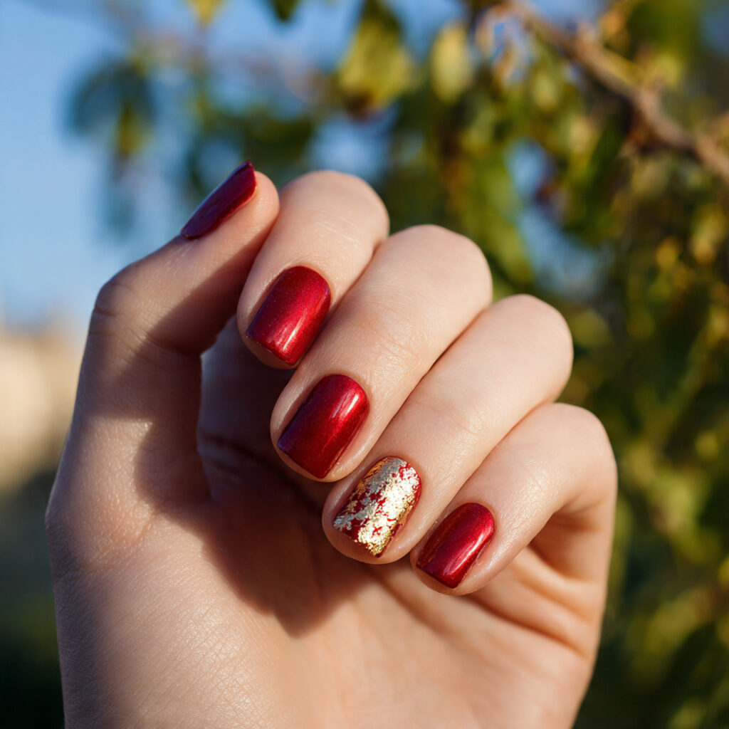 Red Nails Inspo 2026: Bold, Glossy & Totally Addictive Looks 12 close up of one hand with glossy red nails and gol 1