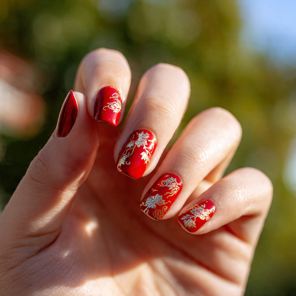 Red Quince Nails: Regal, Romantic & Made for Your Main Character Moment 8 close up of one hand with glossy red nails featuri