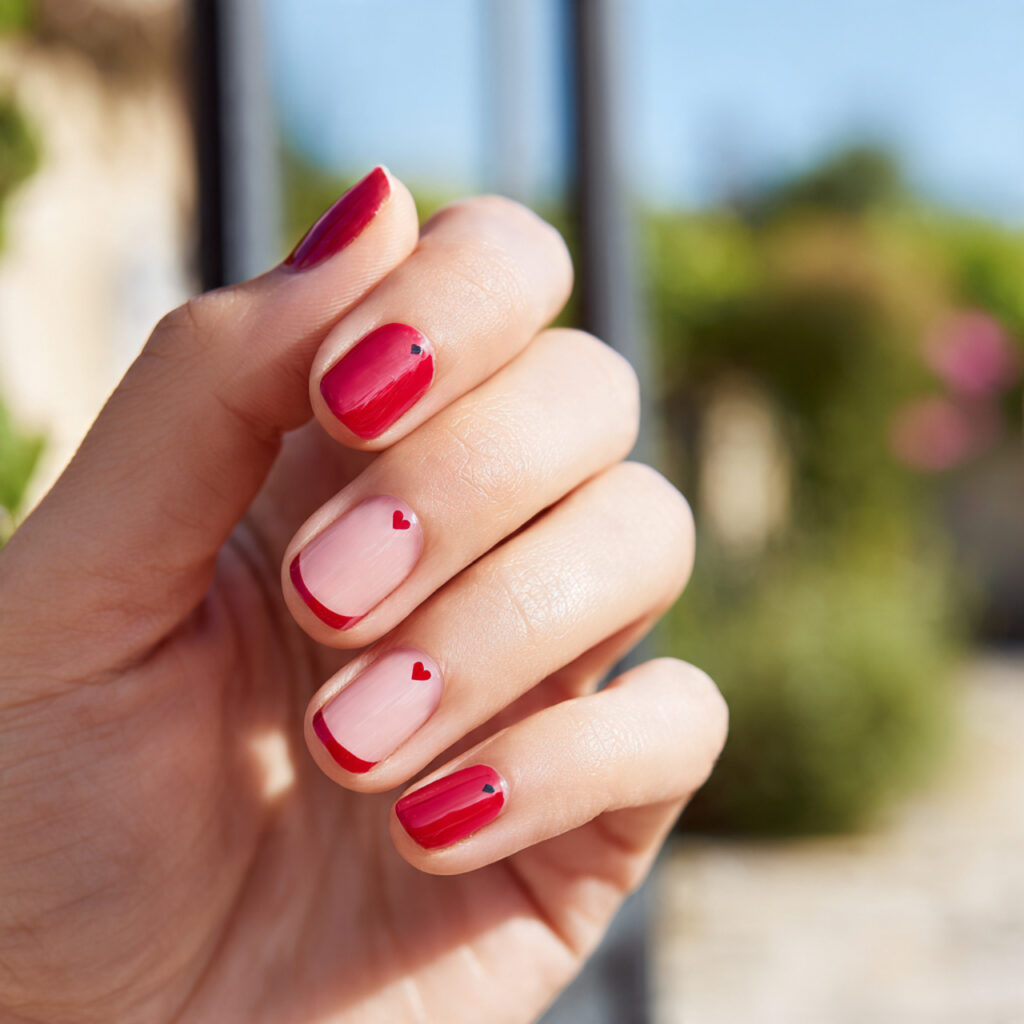 close up of one hand with heart detail red french