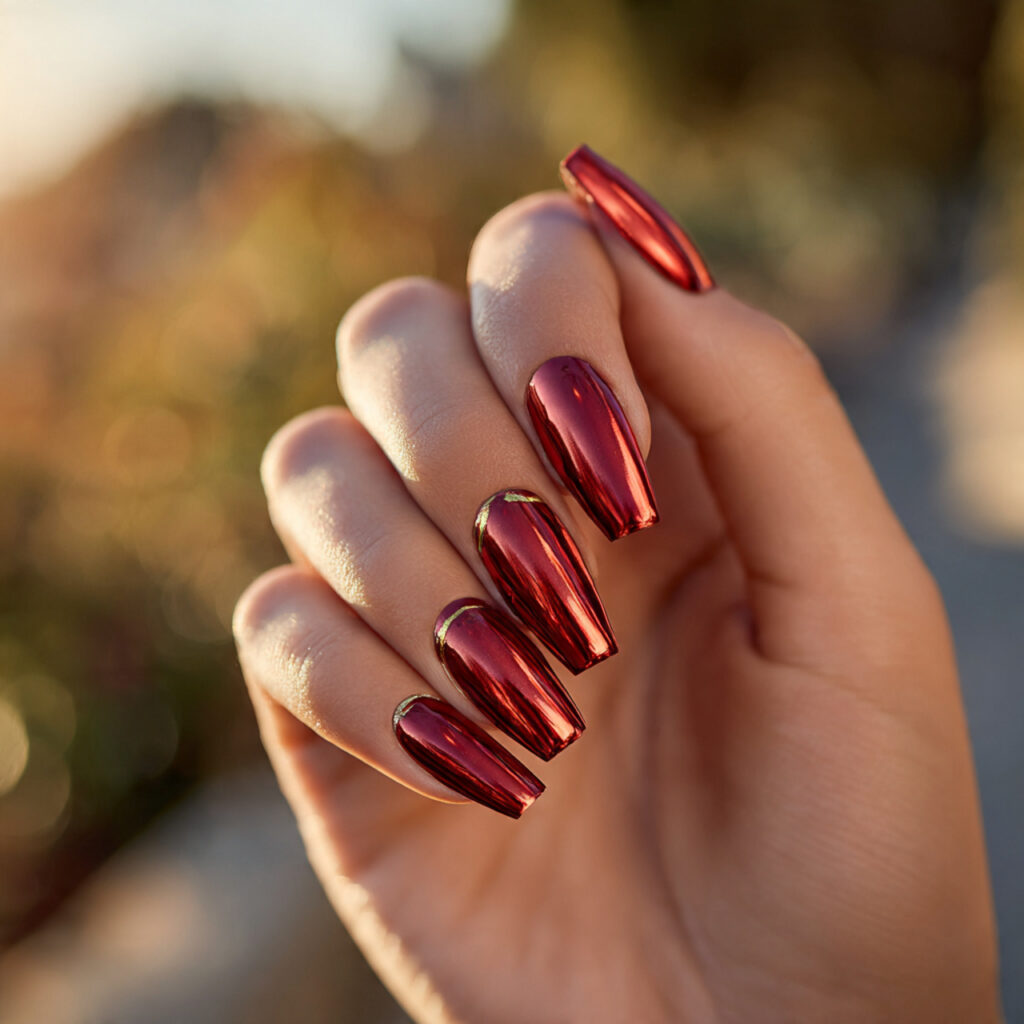 Red Nails With Gold: The Luxe, Glowing Combo You’ll Be Obsessed With 4 close up of one hand with long red chrome nails fe