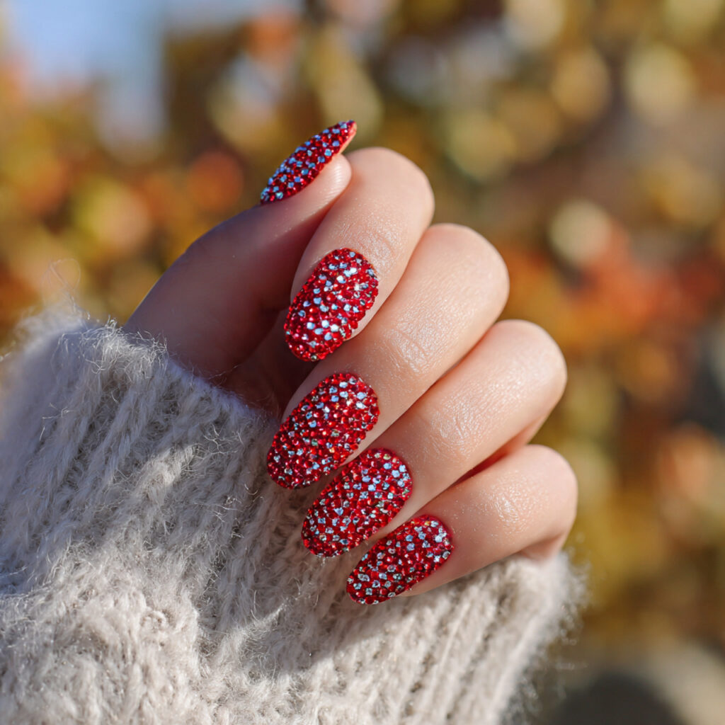 Prom Nails Red: 14 Stunning Designs for Your Perfect Night 7 close up of one hand with long red rhinestone nail