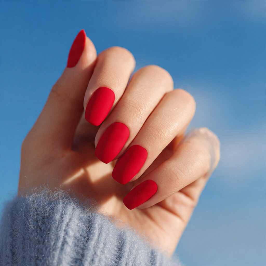 close up of one hand with matte red french manicur