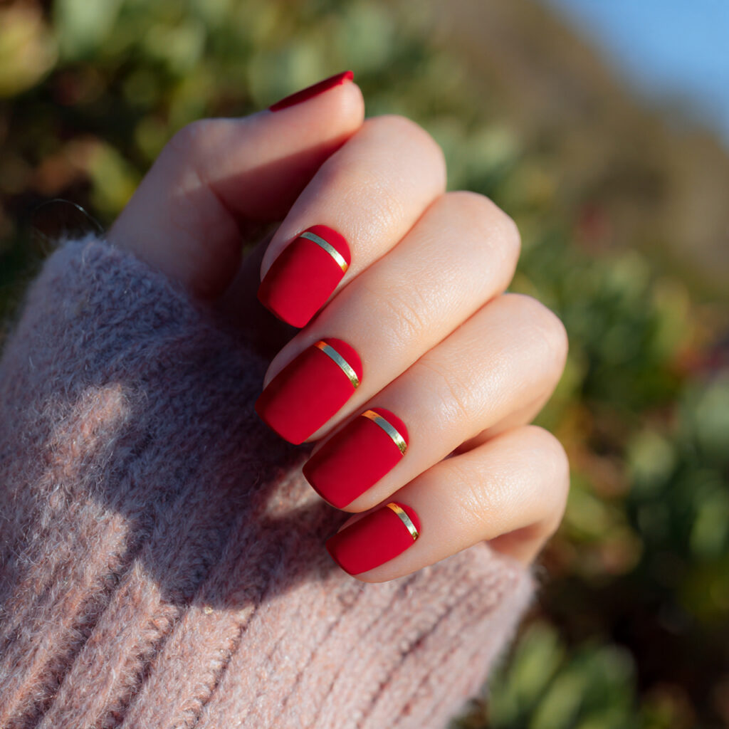 Red Nails With Gold: The Luxe, Glowing Combo You’ll Be Obsessed With 11 close up of one hand with matte red nail polish an
