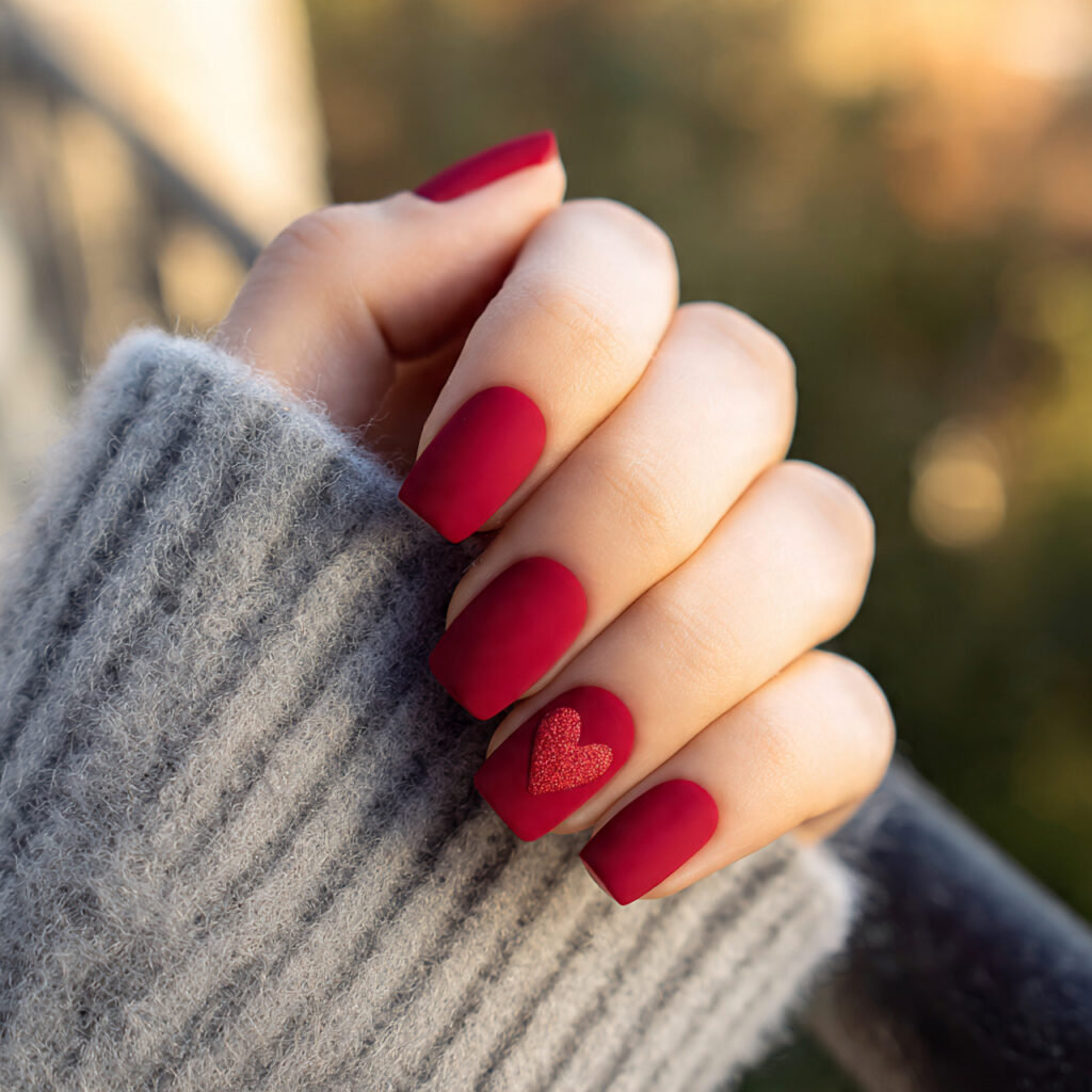 Red Matte Nails: Bold, Velvety Looks That Feel Effortlessly Luxe 10 close up of one hand with matte red nails and hear