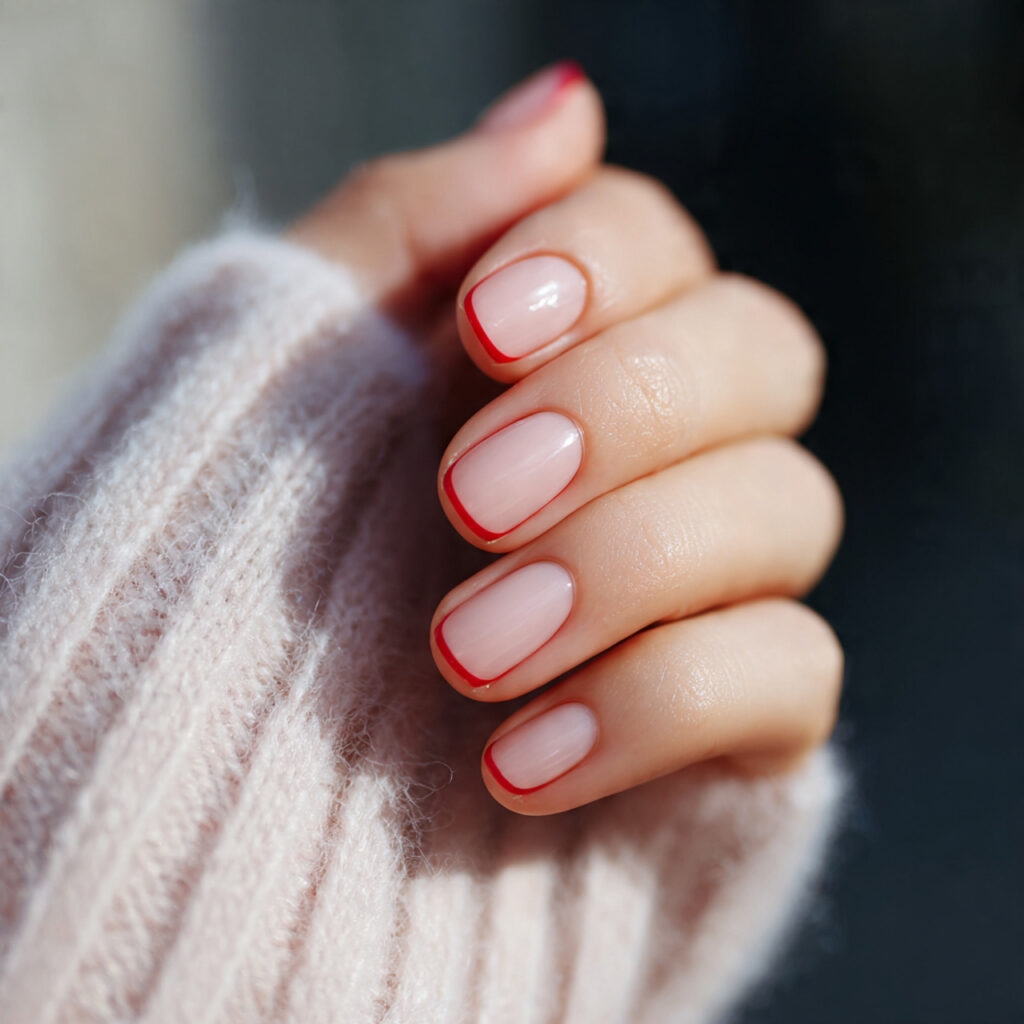 close up of one hand with micro red french tip man 1