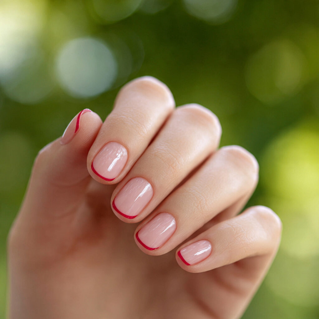 close up of one hand with micro red french tip man