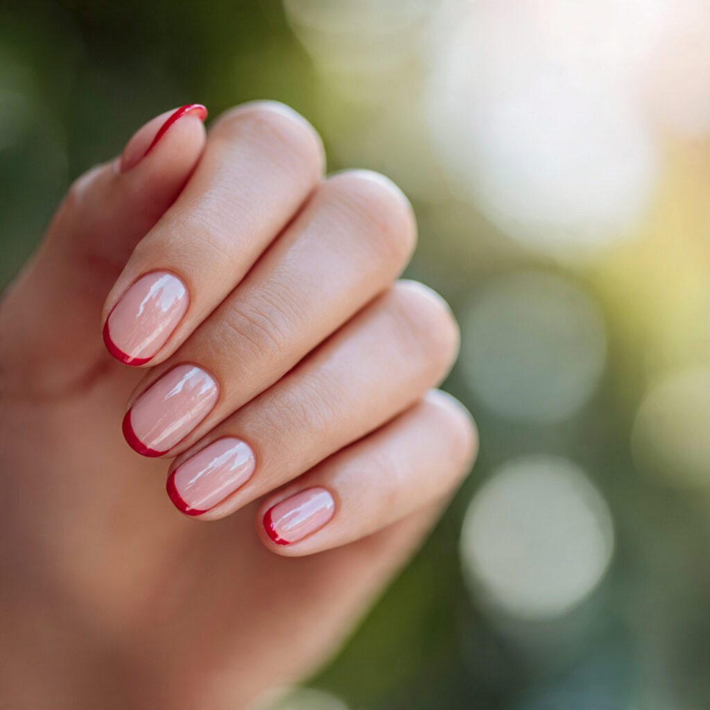 Classic Red Nails: Timeless, Elegant & Always in Style 6 close up of one hand with minimal red french tip n 1