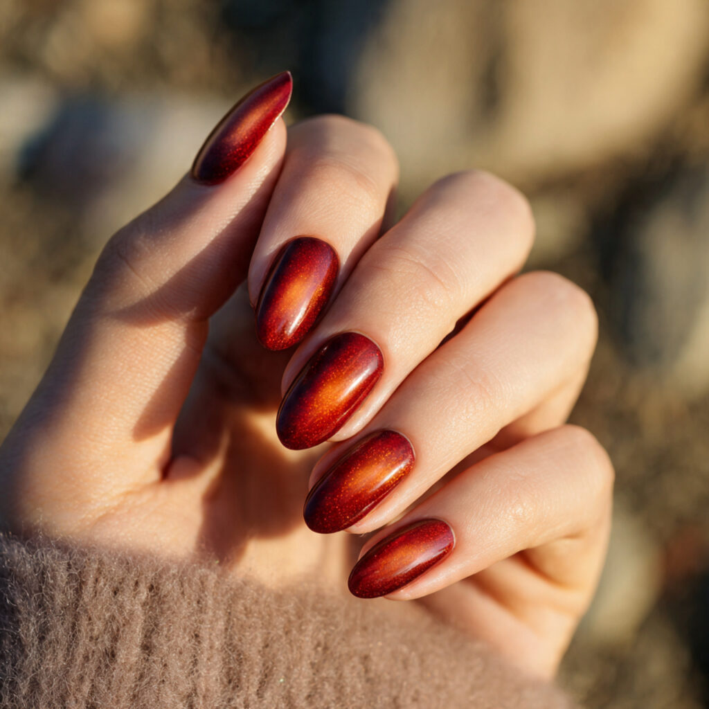 Red Nails Cat Eye: Magnetic Glow You Can’t Stop Staring At 10 close up of one hand with ombre red cat eye nails
