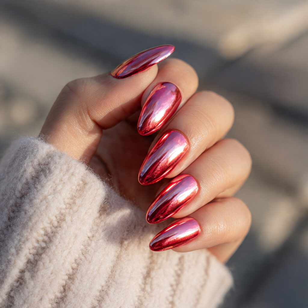 Red Nails Chrome: Glossy, Fiery & Made to Shine 10 close up of one hand with pink red chrome blend na
