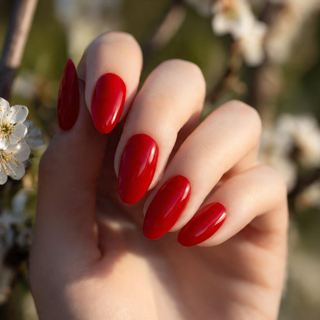 Red Quince Nails: Regal, Romantic & Made for Your Main Character Moment 3 close up of one hand with red almond shaped nails 1 1