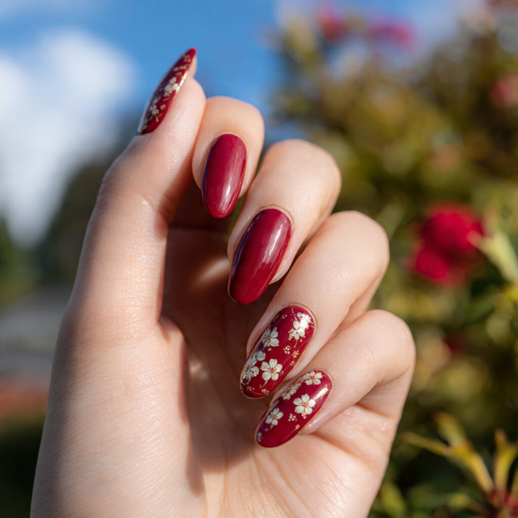 Red Nails Design Ideas Classy Almond: 14 Elegant Looks You’ll Love 13 close up of one hand with red and almond shaped co 1