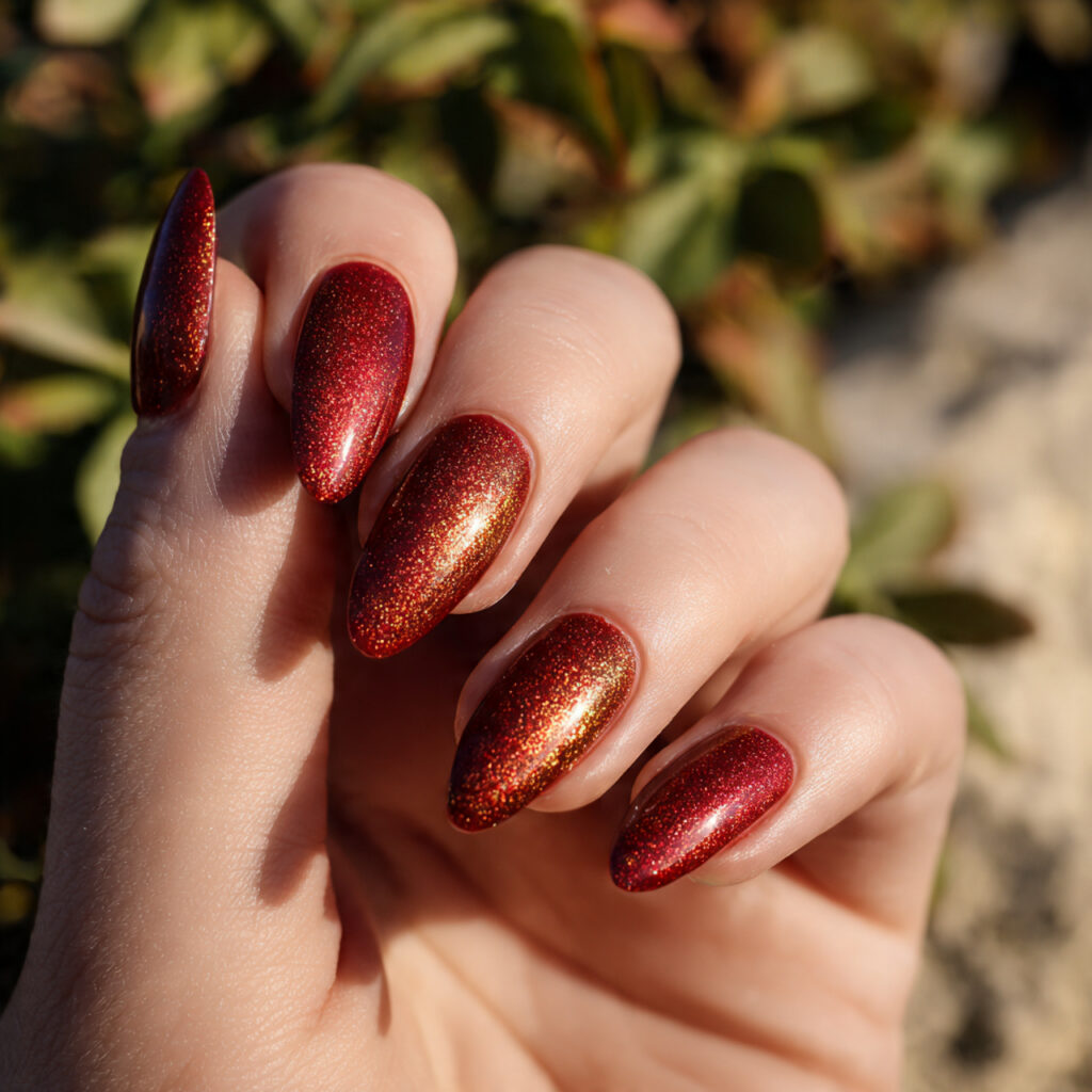 Red Nails Cat Eye: Magnetic Glow You Can’t Stop Staring At 5 close up of one hand with red and gold cat eye nai
