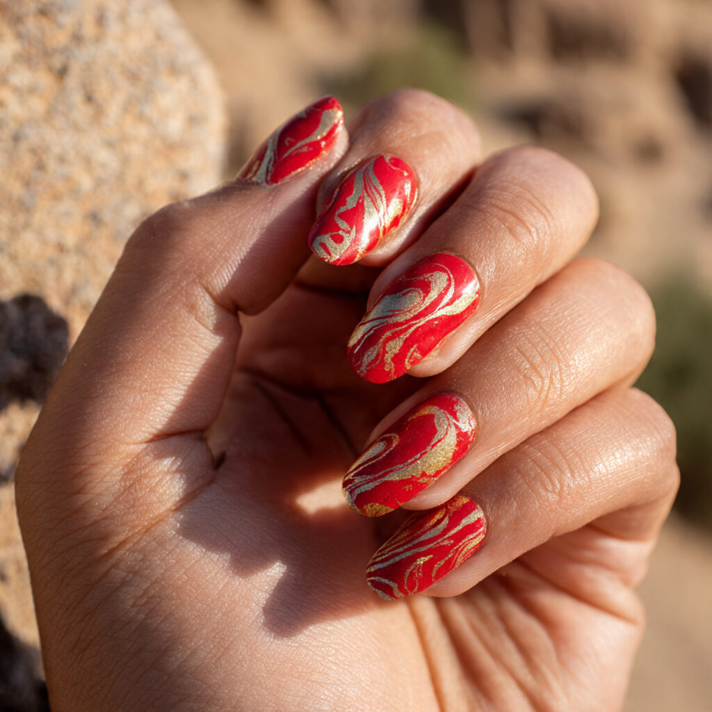 Red Nails With Gold: The Luxe, Glowing Combo You’ll Be Obsessed With 12 close up of one hand with red and gold marble nail