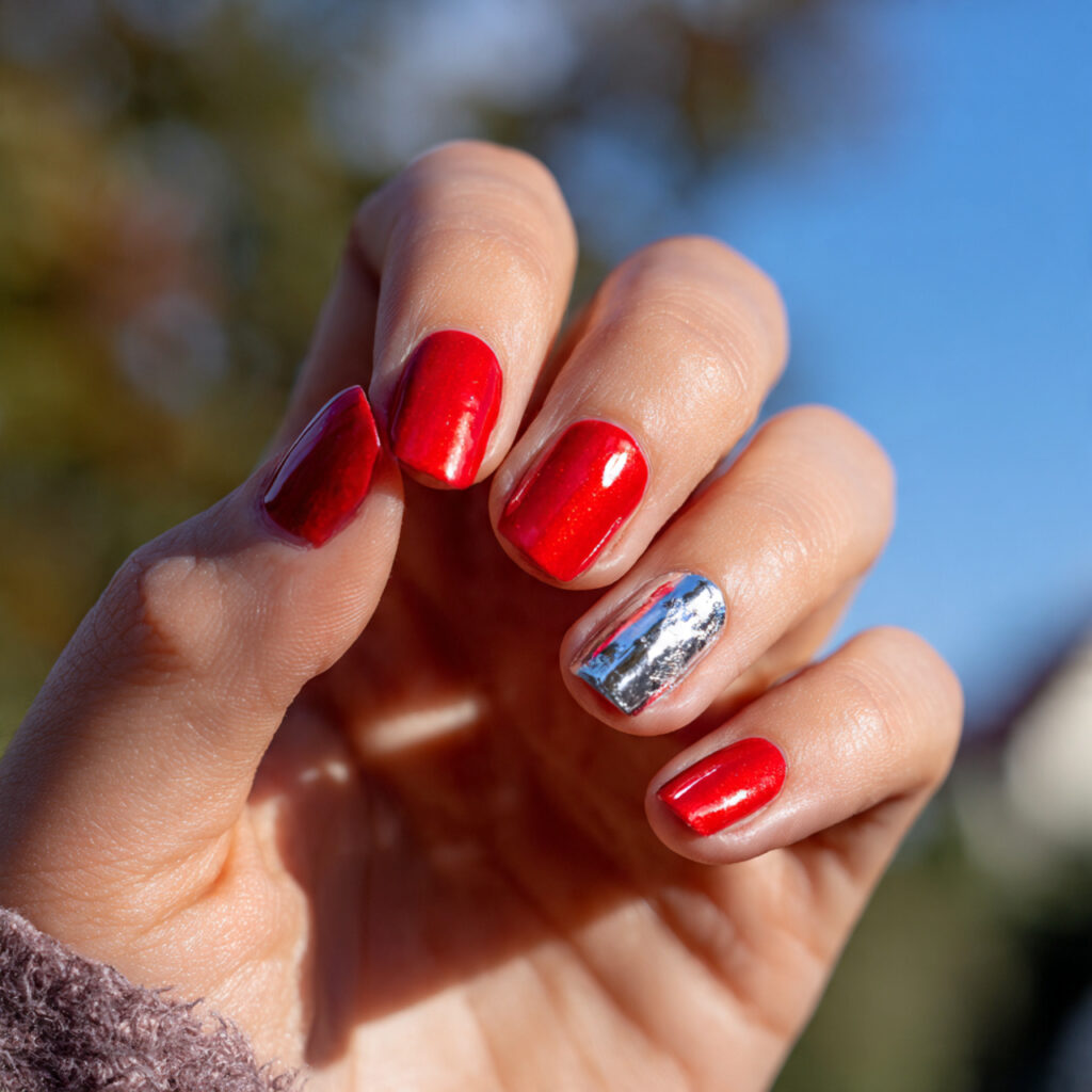 Red Quince Nails: Regal, Romantic & Made for Your Main Character Moment 14 close up of one hand with red and silver accent na