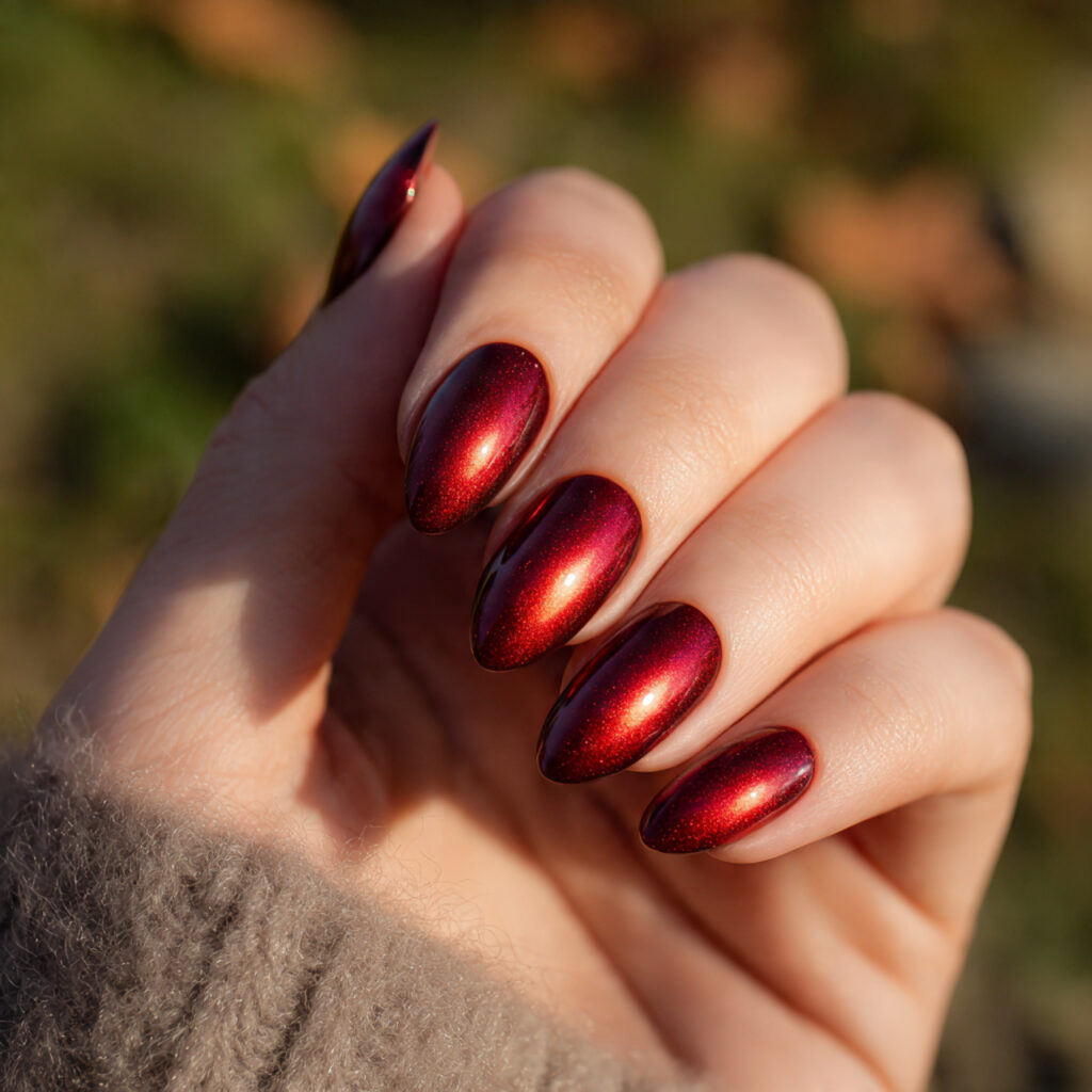Red Nails Cat Eye: Magnetic Glow You Can’t Stop Staring At 9 close up of one hand with red aura cat eye nails g