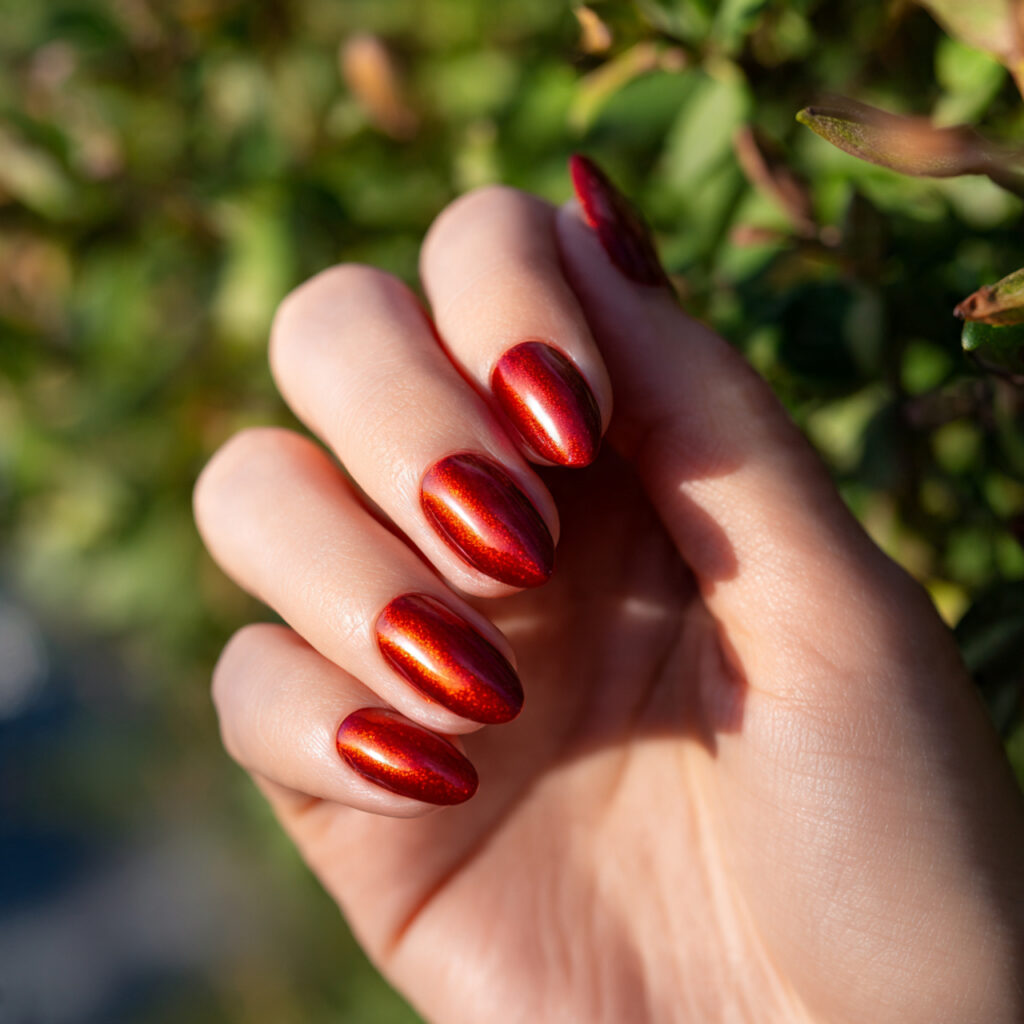 Red Nails Cat Eye: Magnetic Glow You Can’t Stop Staring At 11 close up of one hand with red cat eye french tip n