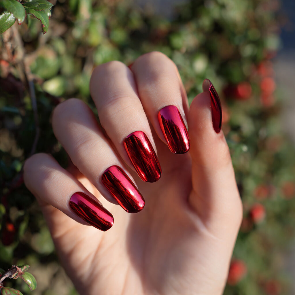 Acrylic Nails Red: The Bold, Timeless Look You’ll Never Get Over 4 close up of one hand with red chrome acrylic nails