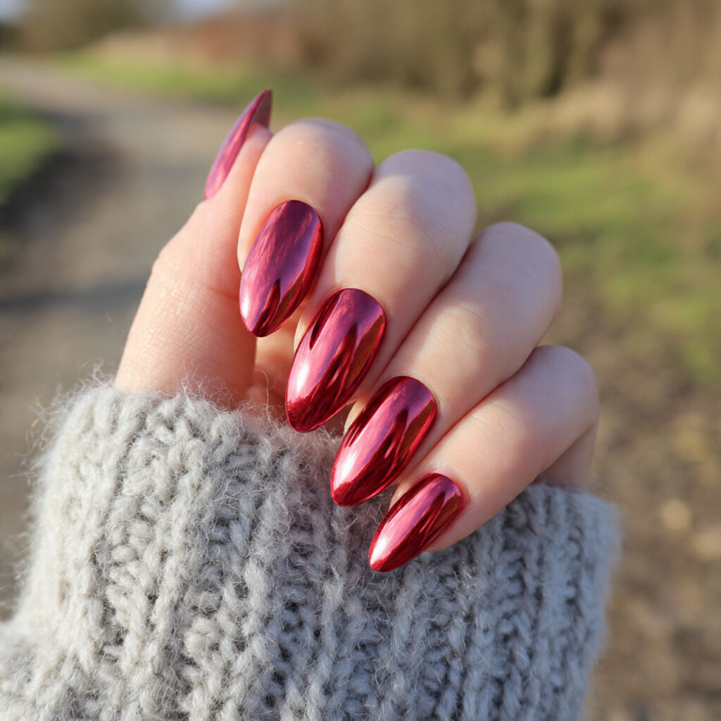 Red Nails Design Ideas Classy Almond: 14 Elegant Looks You’ll Love 10 close up of one hand with red chrome almond shaped