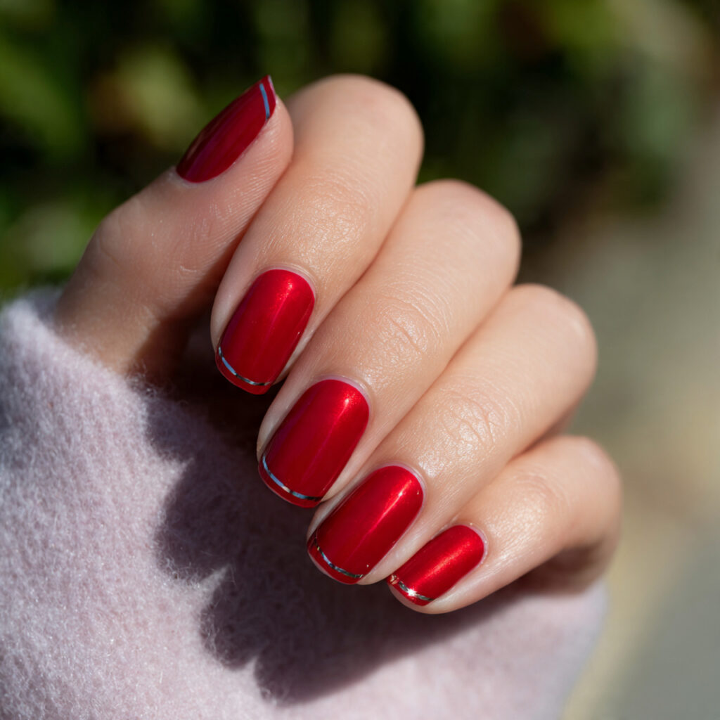close up of one hand with red chrome french tip ma 1