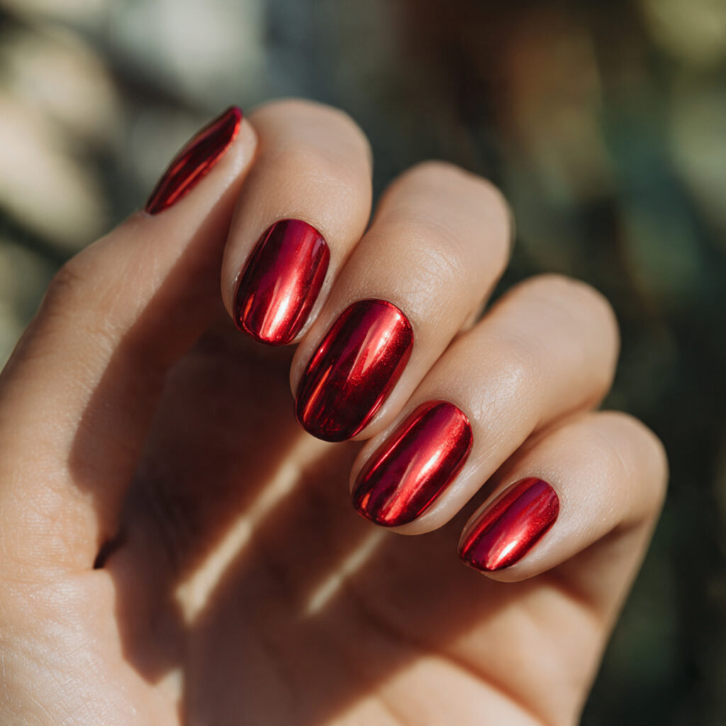 close up of one hand with red chrome french tips m