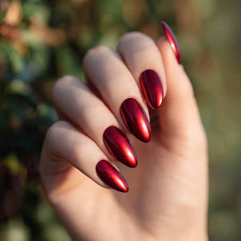 Red Nails Chrome: Glossy, Fiery & Made to Shine 4 close up of one hand with red chrome glazed almond
