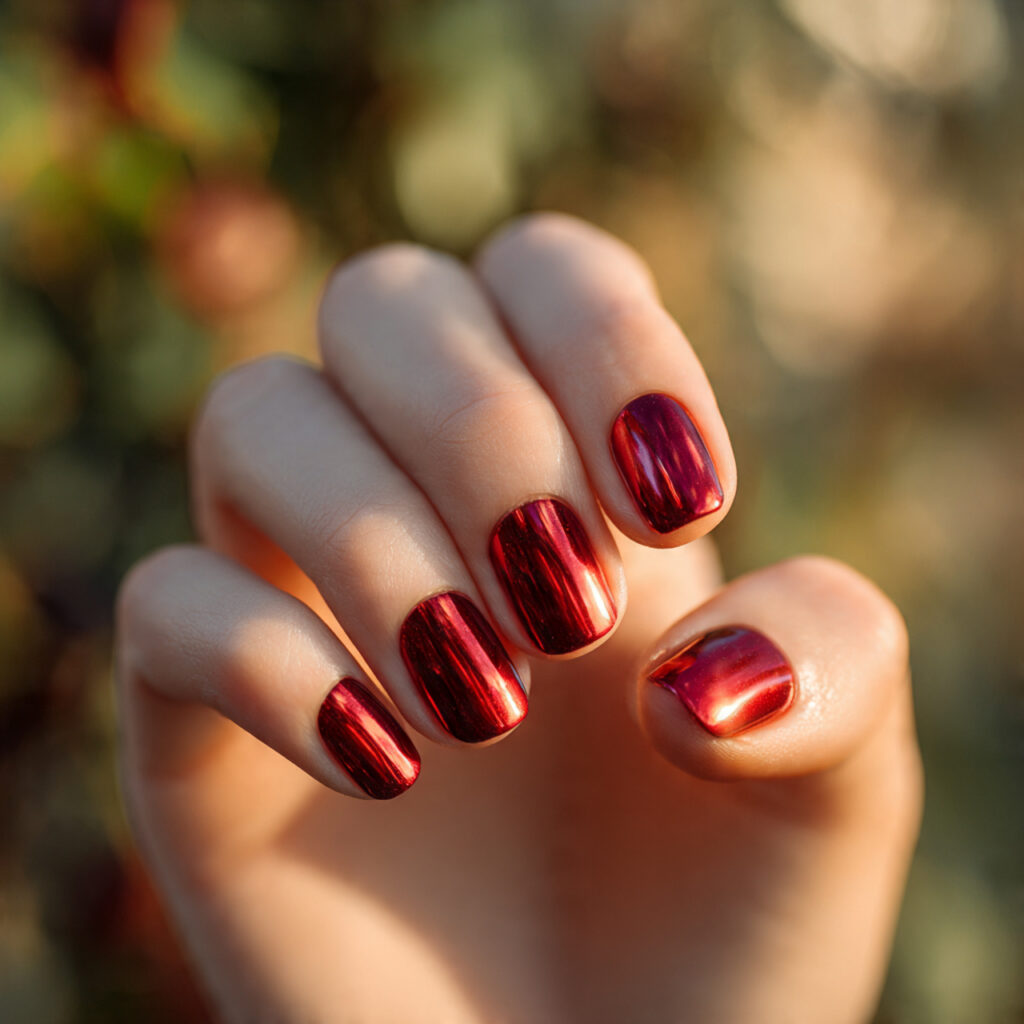 Red Nails Art: The Bold, Beautiful Designs You’ll Keep Saving 7 close up of one hand with red chrome shine nails g