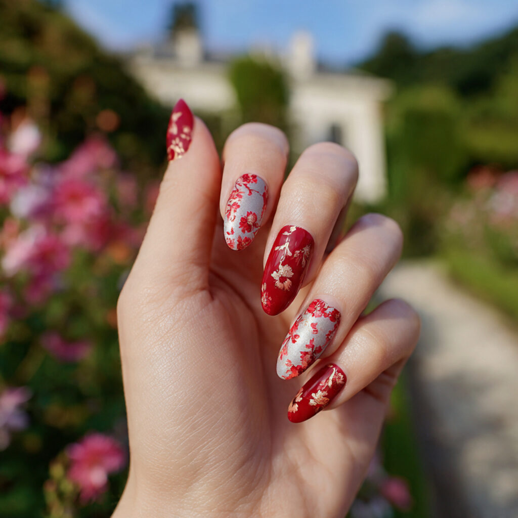 Red Nails Design Ideas Classy Almond: 14 Elegant Looks You’ll Love 6 close up of one hand with red floral accent almond