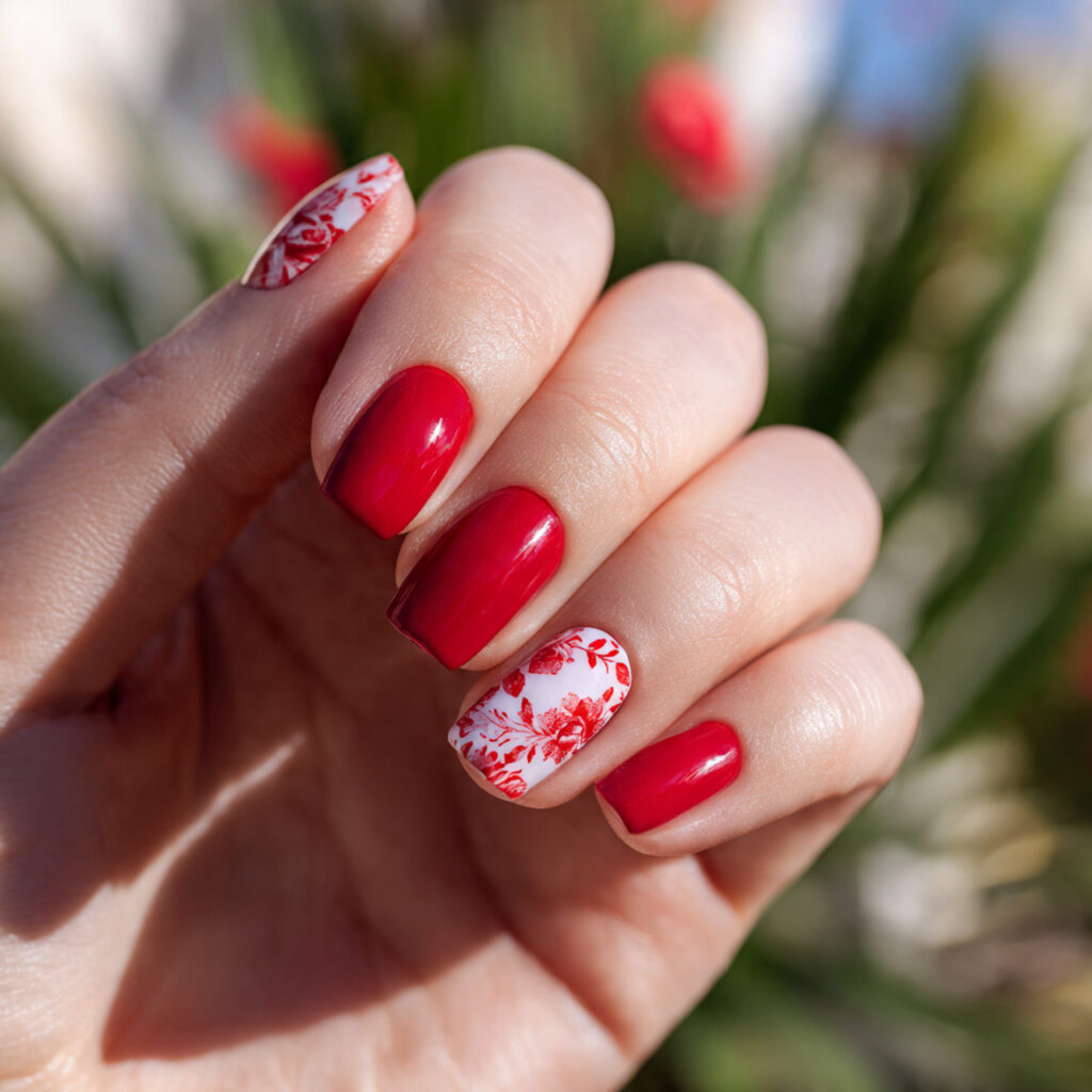 Red Nails Art: The Bold, Beautiful Designs You’ll Keep Saving 10 close up of one hand with red floral accent nails