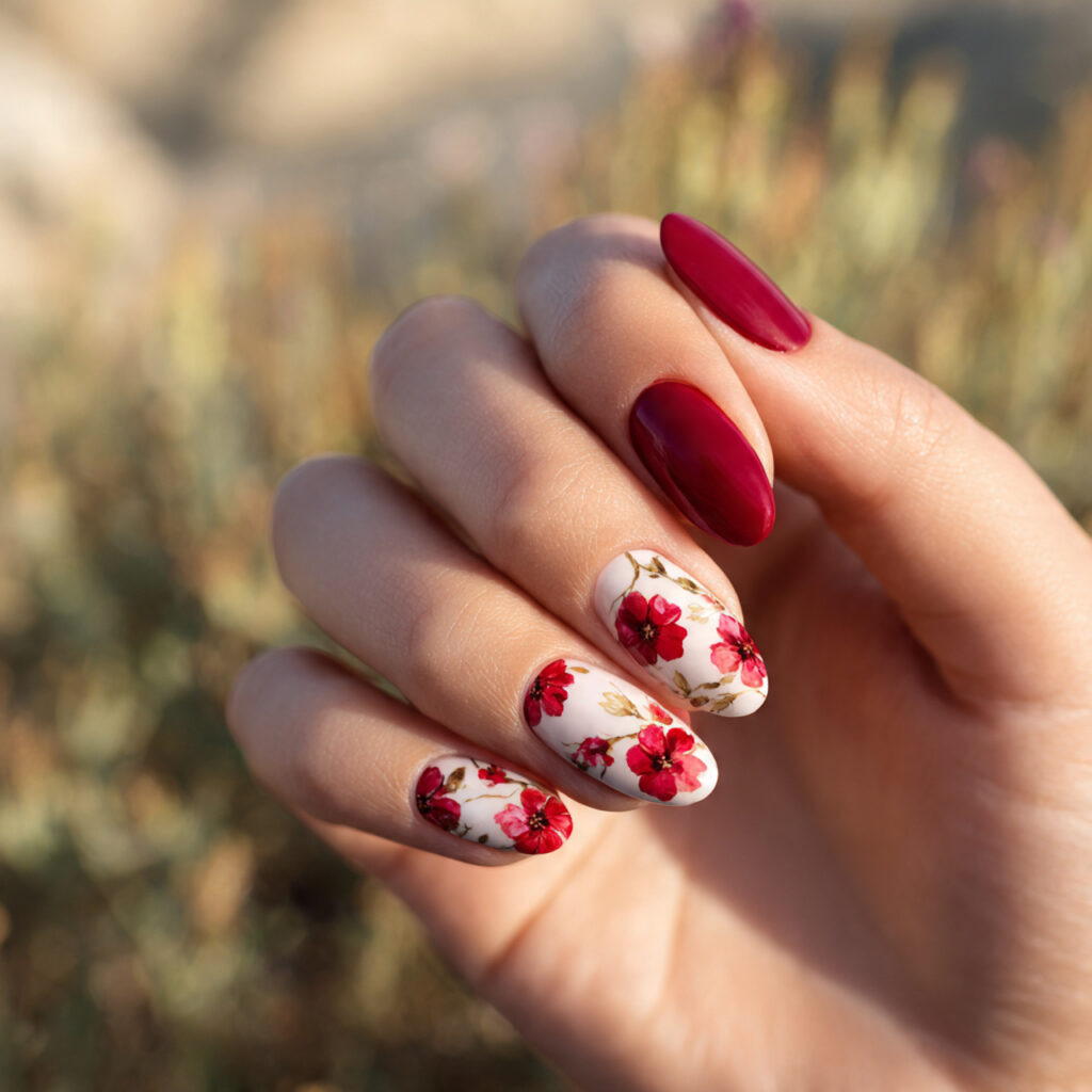 Prom Nails Red: 14 Stunning Designs for Your Perfect Night 6 close up of one hand with red floral accent nails 1 1