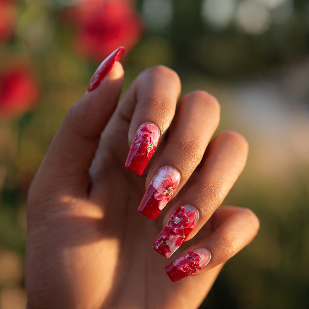 Acrylic Nails Red: The Bold, Timeless Look You’ll Never Get Over 8 close up of one hand with red floral acrylic nails