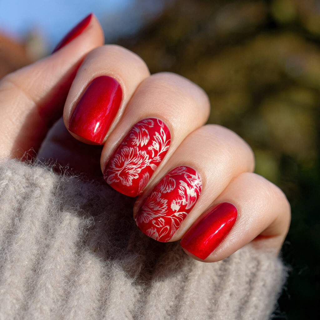 Red Quince Nails: Regal, Romantic & Made for Your Main Character Moment 11 close up of one hand with red floral detail nail a