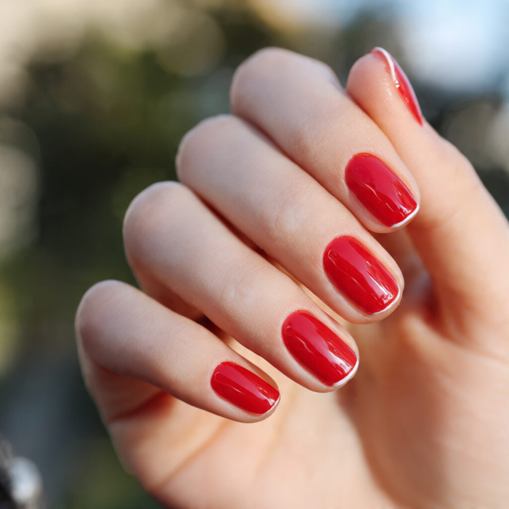 Prom Nails Red: 14 Stunning Designs for Your Perfect Night 3 close up of one hand with red french tip nails ele