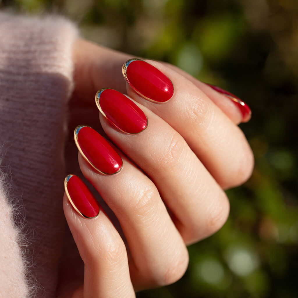 Red Nails With Gold: The Luxe, Glowing Combo You’ll Be Obsessed With 5 close up of one hand with red french tip nails fea