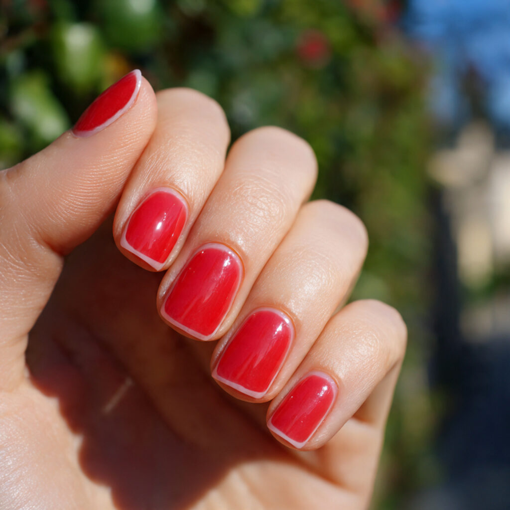 close up of one hand with red french tip square sh