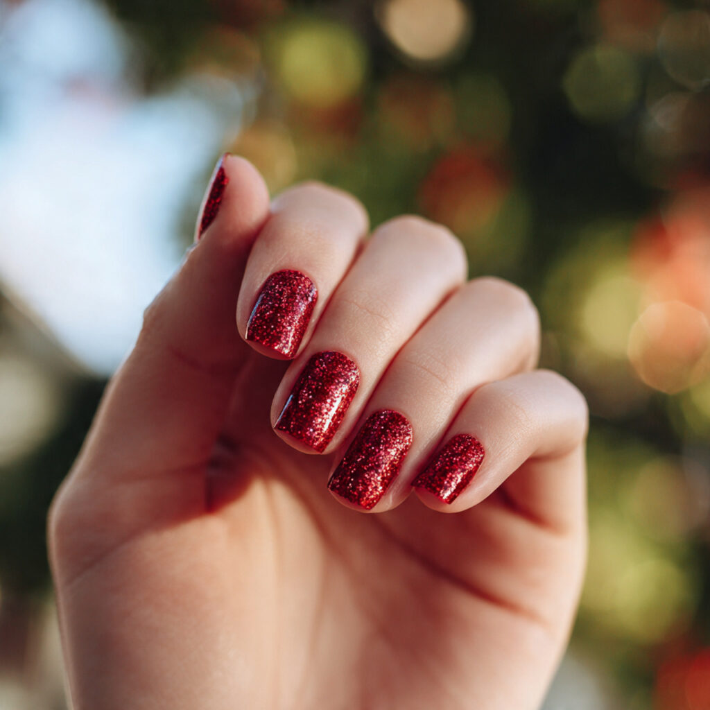 Red Nails Art: The Bold, Beautiful Designs You’ll Keep Saving 12 close up of one hand with red glitter accent nails