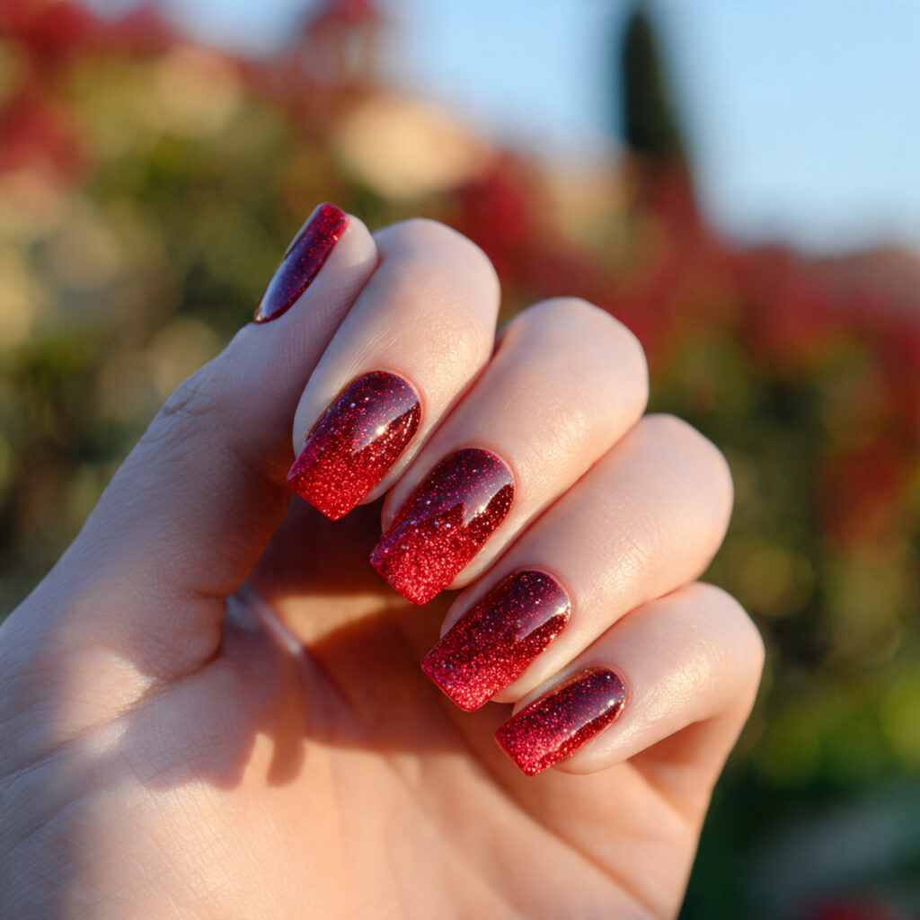 Red Quince Nails: Regal, Romantic & Made for Your Main Character Moment 6 close up of one hand with red glitter ombre nails