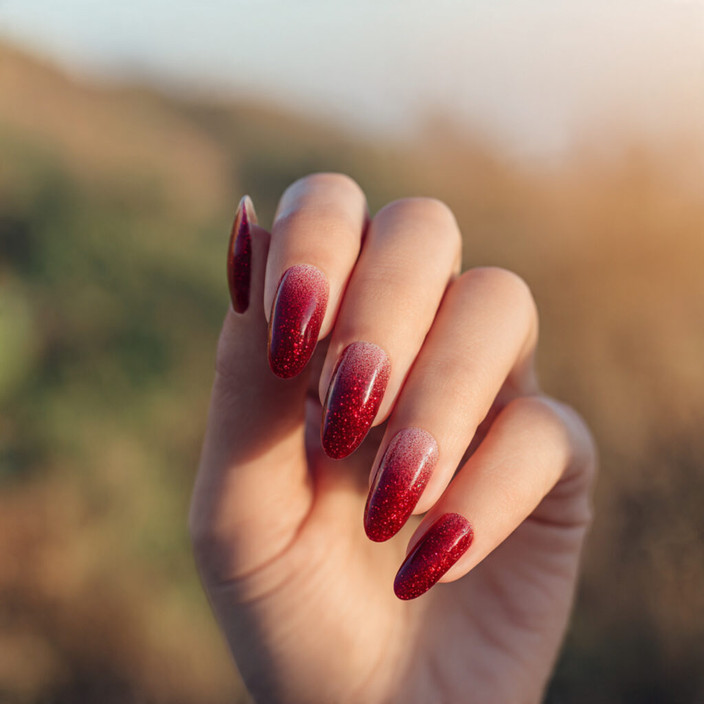 Prom Nails Red: 14 Stunning Designs for Your Perfect Night 8 close up of one hand with red glitter ombre nails 1 1
